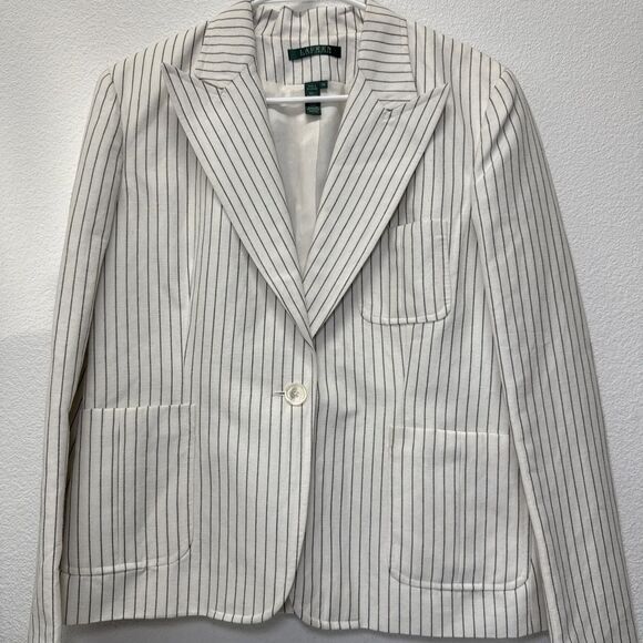 Lauren Ralph Lauren Blazer Women 14 White/Black Vertical Stripe 1-Button - Picture 2 of 7